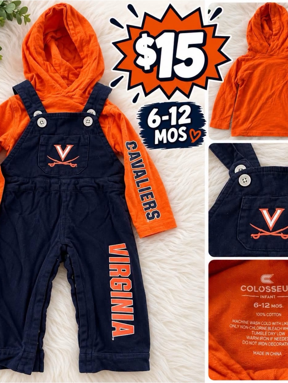 Colosseum Navy & Orange Virginia Cavaliers Infant Overalls with Orange Hoodie